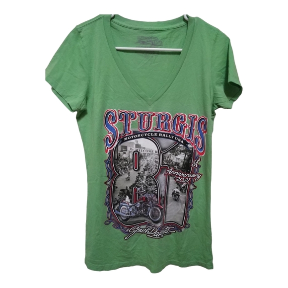 NWOT Harley Sturgis Motorcycle Rally Shirt V Neck Short Sleeve. Green. Large - Picture 1 of 4